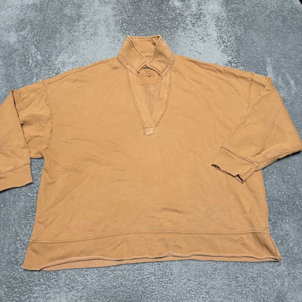Aerie Sweatshirt Womens XL Brown Oversized V-Neck Pullover Raw Hem Distressed